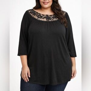 Araza Black Lace Yoke Top 3/4 Sleeve Flowy Blouse (1165)